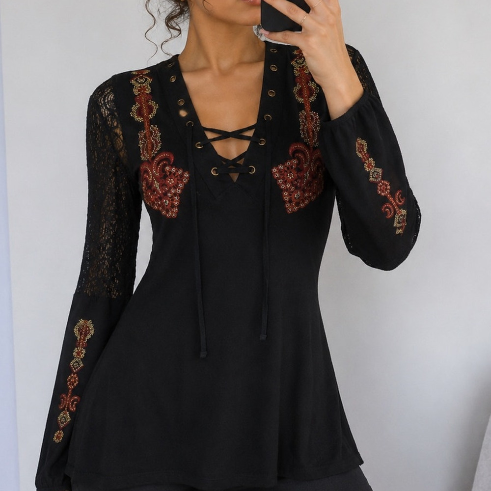 y2k Embroidered Paisley Top Size XS sheer Crochet Lace Up Grommet Slits